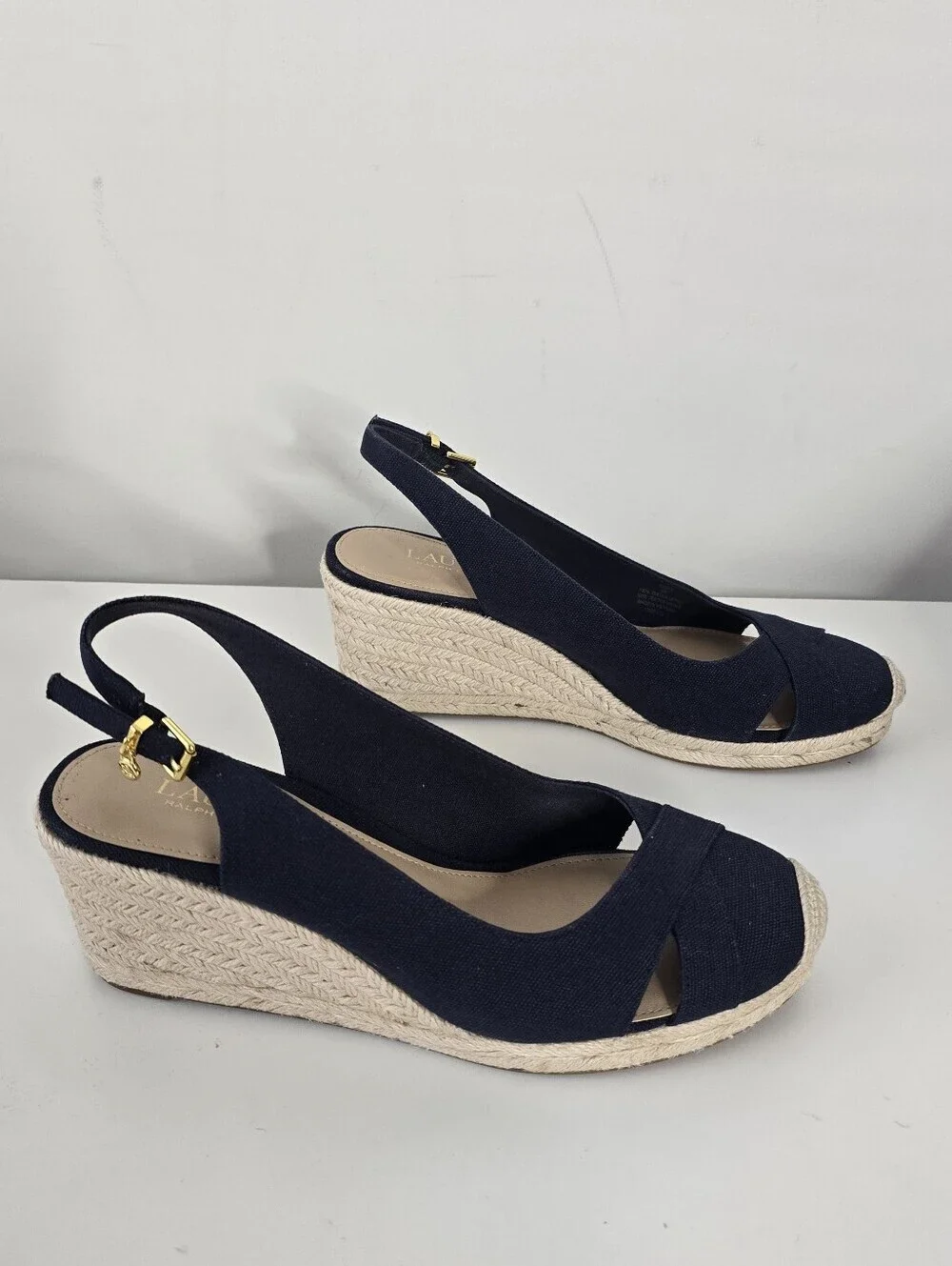 Lauren Ralph Lauren Navy Hadley Espadrille Wedge Canvas Sandals 8B Slingback